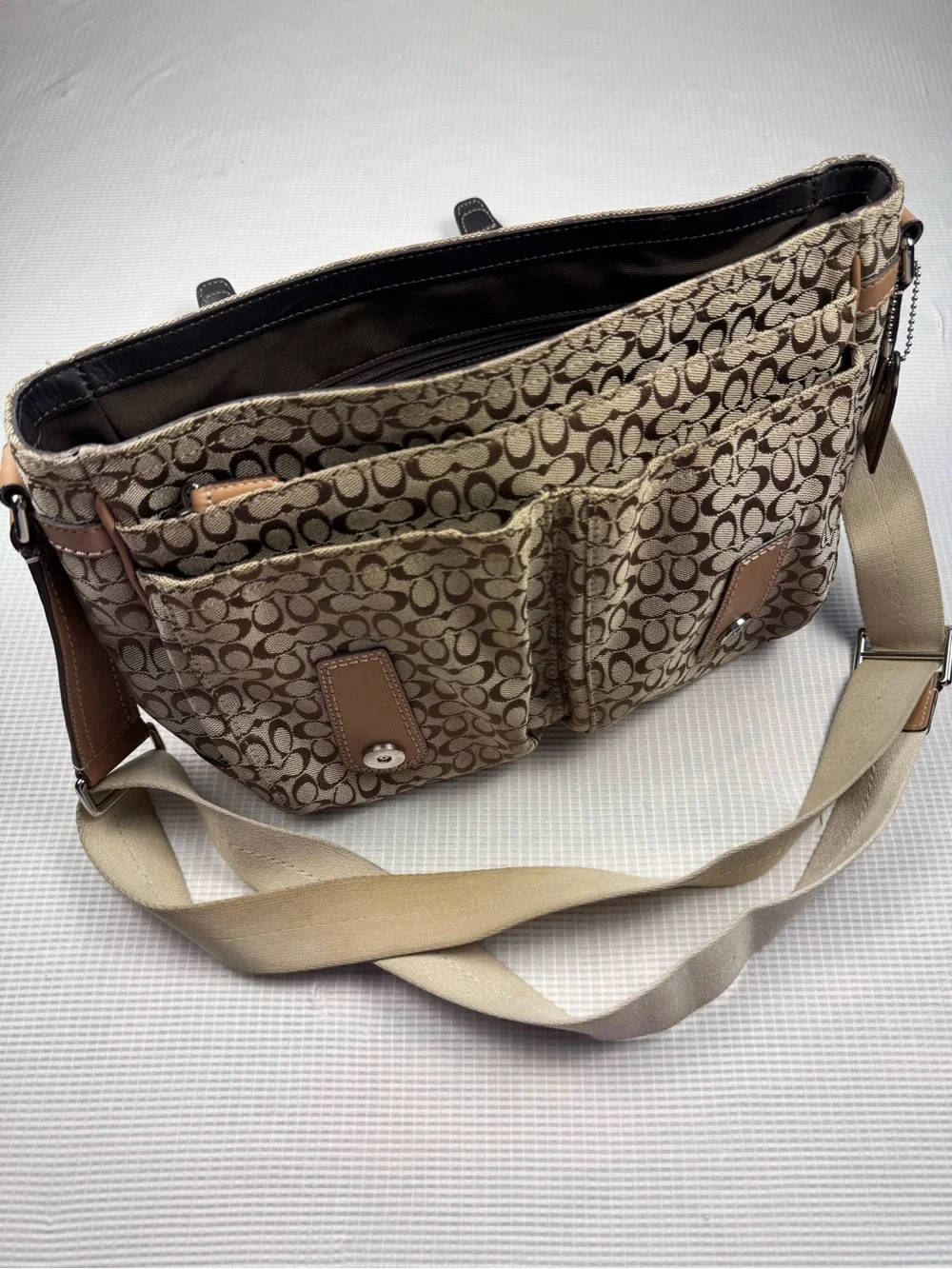 Coach Tan Signature Canvas Messenger Bag with Brown Leather Trim